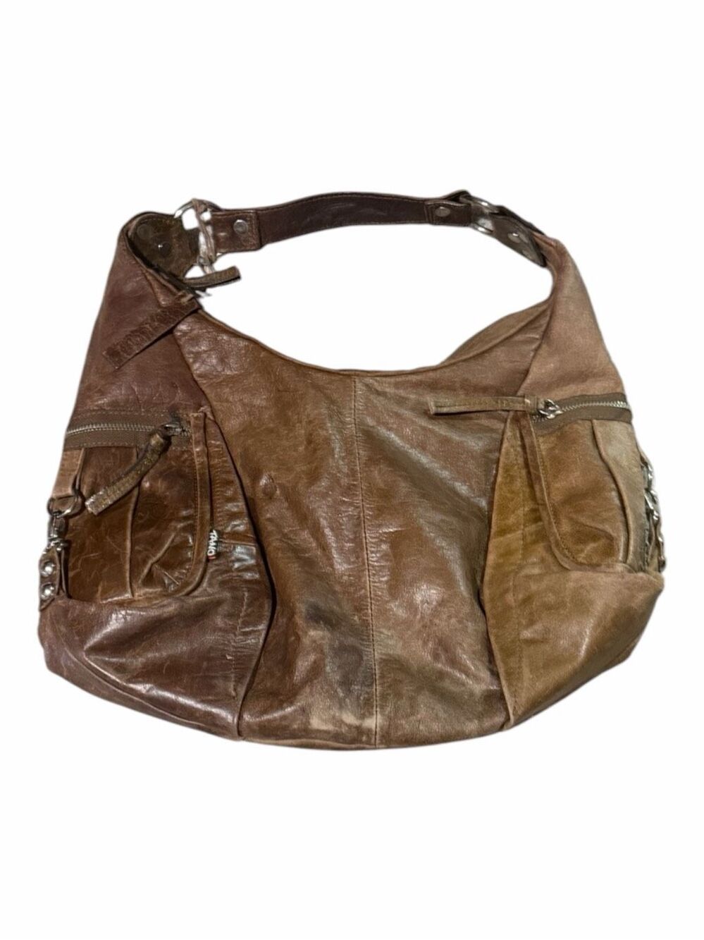 TANO Brown Distressed Leather Hobo Shoulder Bag Slouchy Multi Pocket - Picture 2 of 5